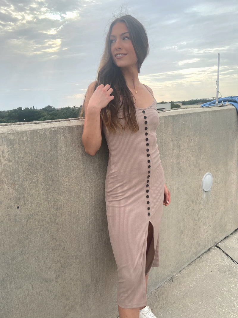 ribbed nude dress AMALIA Ribbed Bandage Midi Dress