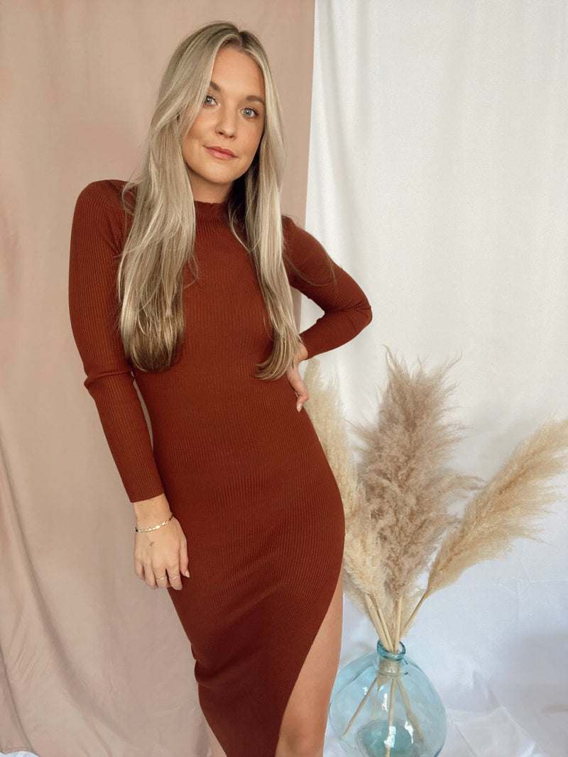 brown sweater midi dress The Pepper Ribbed Midi Sweater Dress