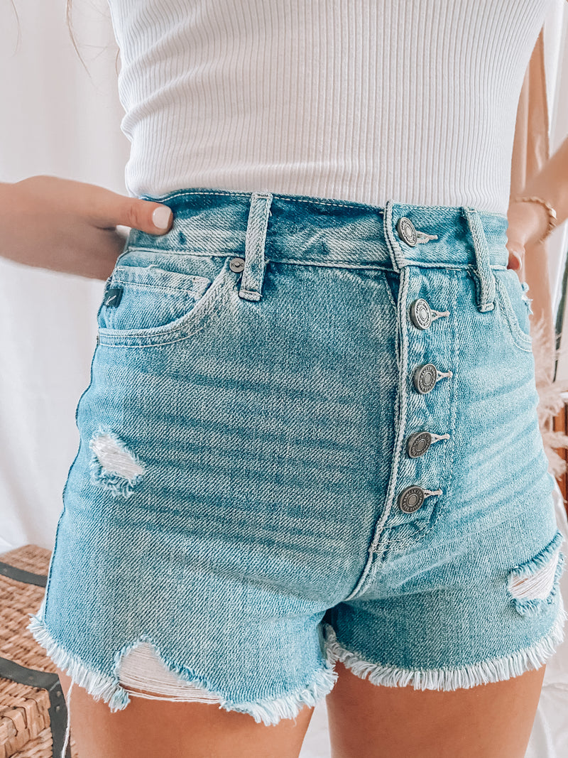 First Date High Rise Distressed Denim Shorts – Palmer and Co.
