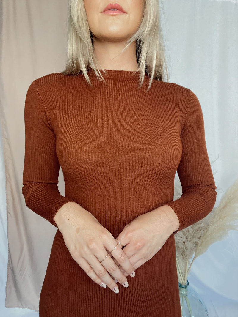 Caroline Cognac Sweater Midi Dress