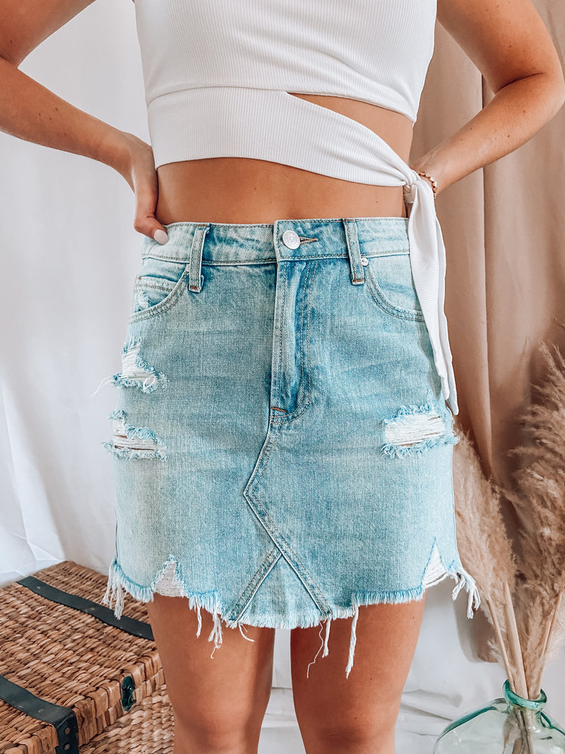 Baywood Distressed Denim Mini Skirt