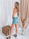 First Date High Rise Distressed Denim Shorts