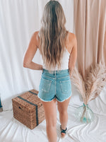 First Date High Rise Distressed Denim Shorts