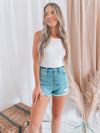 First Date High Rise Distressed Denim Shorts