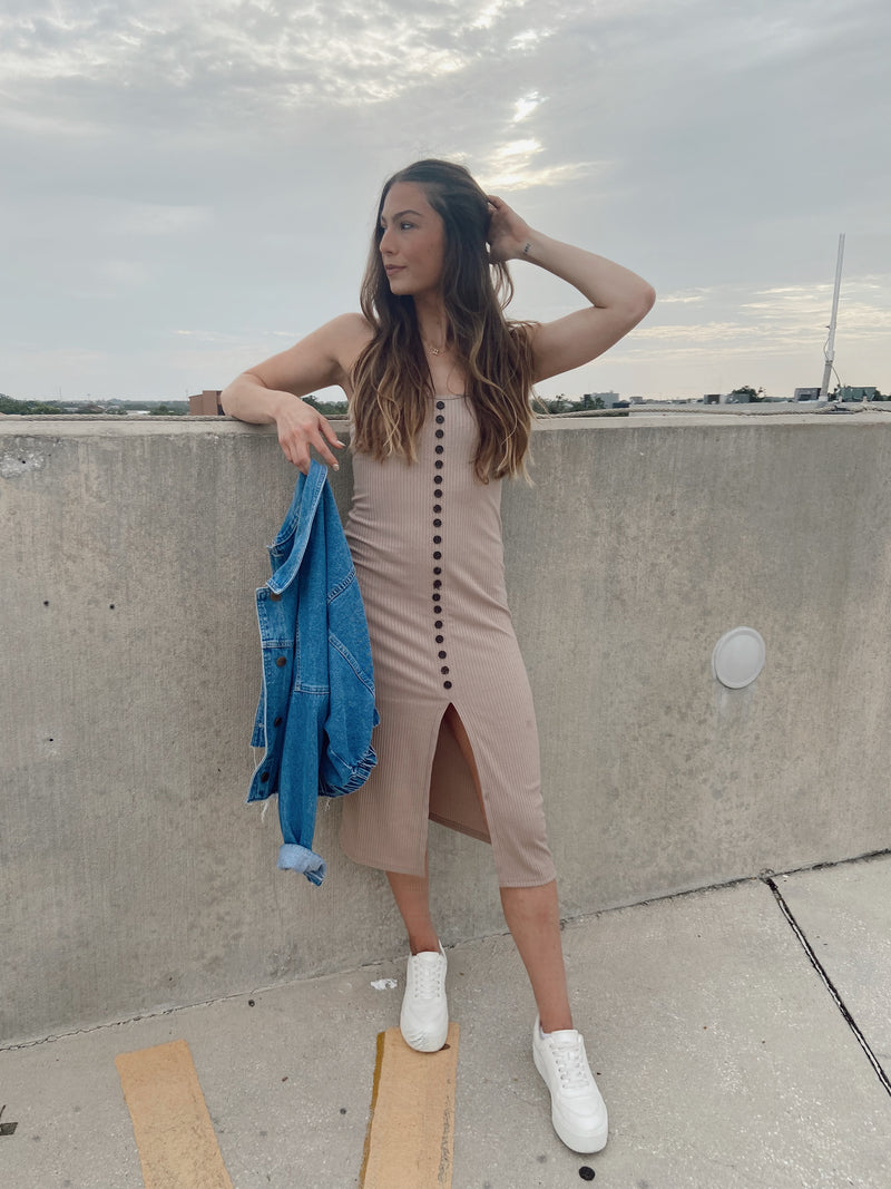 nude knit midi dress Nude Ribbed Knit Shell Embellished Maxi Dress